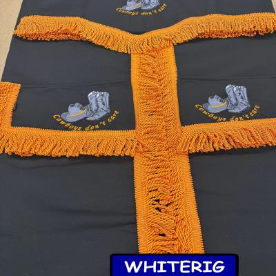 Stylish black truck cab curtains with bold orange bullion trim and embroidered “Cowboys Don’t Care” western design. Perfect for adding personality, privacy, and comfort to your truck interior. Whiterig Truck Curtains